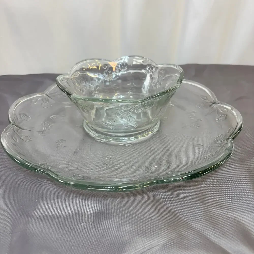 Floral Patterned Chip and Dip Set by Anchor Hocking Savannah Clear Glass 2 pcs
